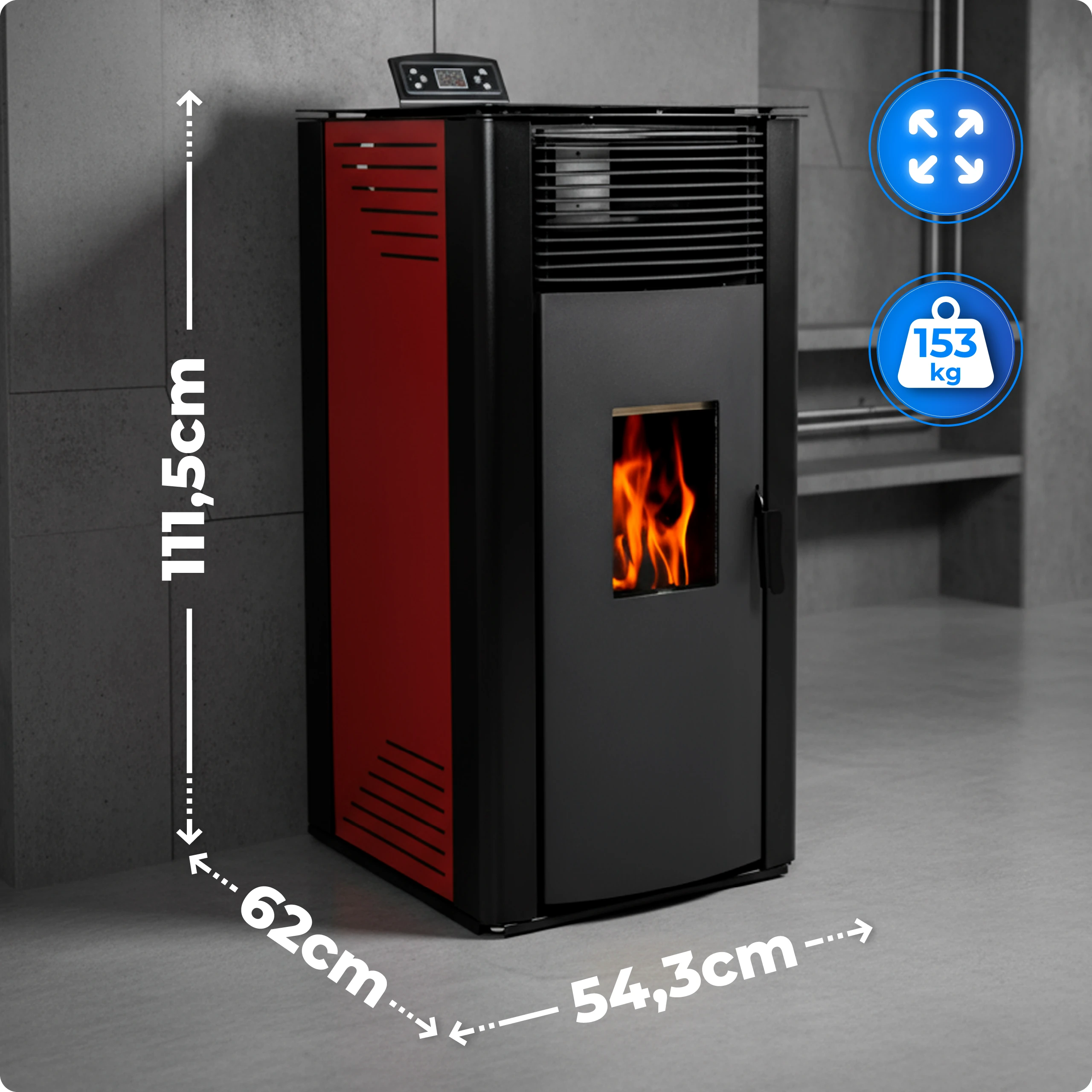 Spezifikation des Pelletsofens THUNDER GAREN-RED 12 kW